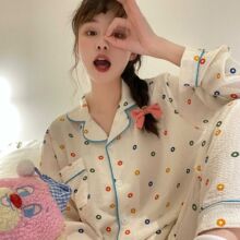韩版女泡泡棉长袖长裤睡衣女2023秋季薄款甜美可爱休闲家居服套装