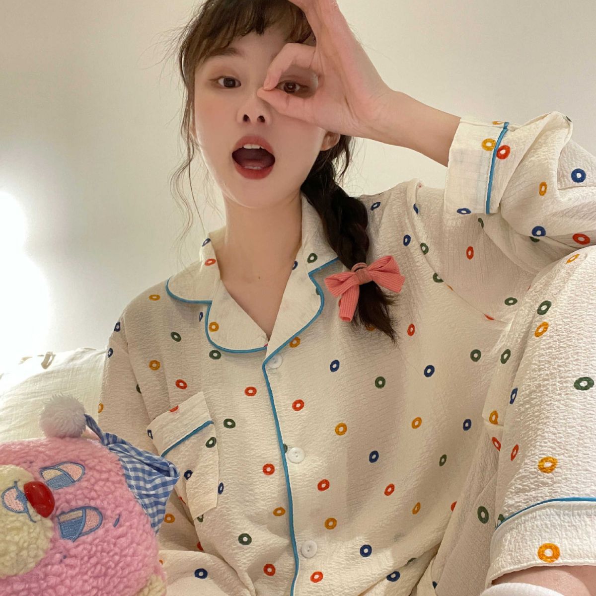韩版女泡泡棉长袖长裤睡衣女2023秋季薄款甜美可爱休闲家居服套装