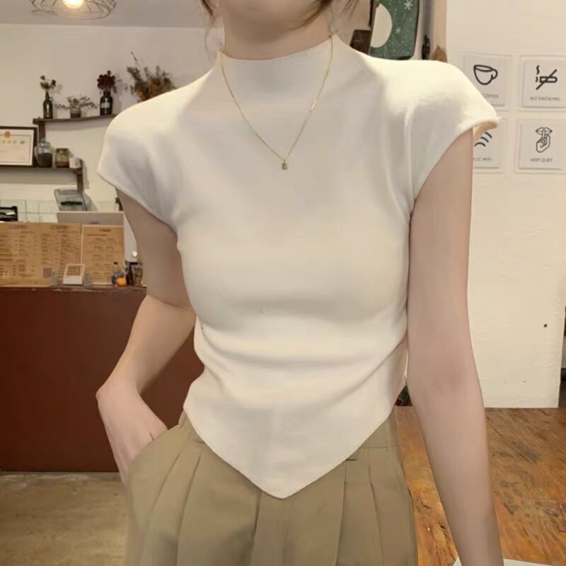Irregular Half-high Neck Solid Color Short-sleeved Sweater Women's 2025 Summer Slim-fit Slimming Elegant Short All-match Top