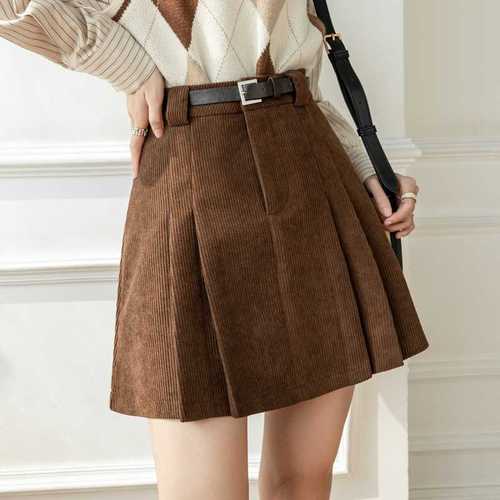 Linen velvet large skirt hem A-line maxi skirt for women autumn winter high-waisted pleated mini skirt slimming bumming