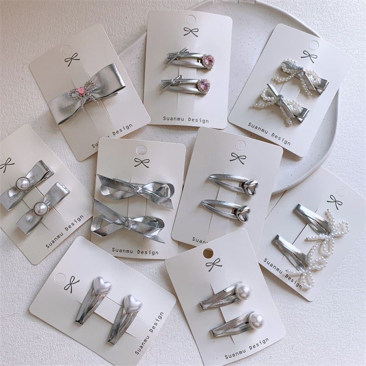 Silver leather hot diamond heart bow hair clip for girls side bangs clip baby short hair BB hair clip