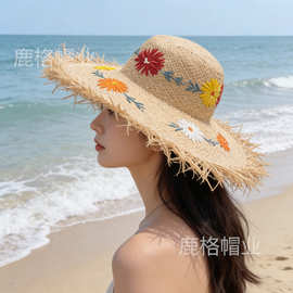 拉菲草花朵刺绣大檐草帽女夏季海边沙滩度假防晒遮阳编织太阳帽子