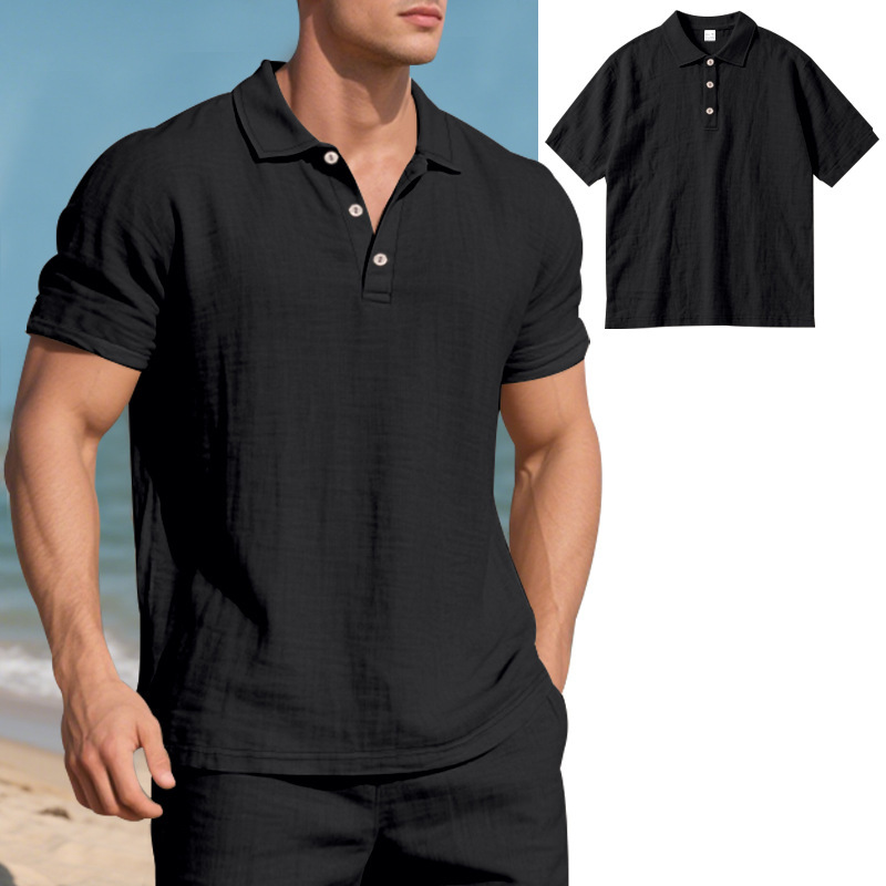 Transfronterizo europeo y americano verano hombres estilo británico tendencia suelta lino transpirable casual solapa hebilla camisa POLO manga corta