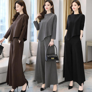 Plus Size Wide-Leg Pants Suit for Women 2022 Autumn New Style Women's Age-Reducing Slimming Look and Stylish Casual Culottes Two-Piece Set Trendy