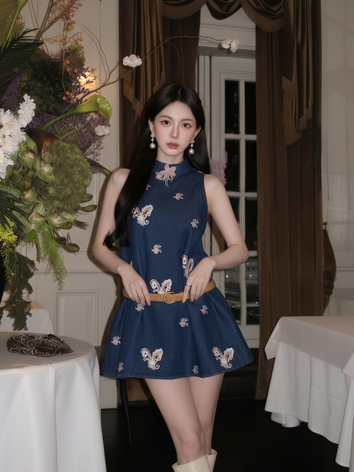 Bộ quần short jean nữ lưng cao kèm áo vest không tay phong cách Tân Trung Hoa — bộ đồ, Trang chủ, quần đùi