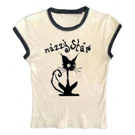跨境批发短款T恤女式新款猫印花哥特上衣夏季街头欧美修身T恤