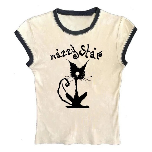 Cross-border wholesale short T-shirt women's new cat print Gothic top summer street European and American slim T-shirt