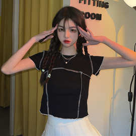 2022夏季新款棉质短袖T恤女韩版修身显瘦设计感高腰辣妹短款上衣