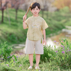 子供の漢服のスーツの夏服の男の子の新しい中国風の半袖のシャツの半ズボンの2つのセットの赤ちゃんの1歳のドレス
