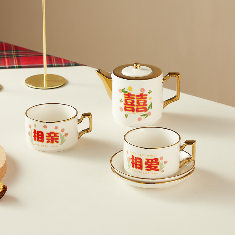 Ins Chinese-style tea cup flower tea set wedding favor lucky character lucky gift coffee cup ceramic wedding celebration gift