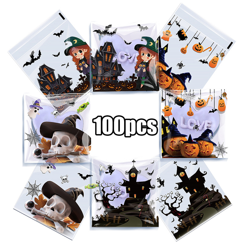 100个装万圣节糖果饼干OPP透明自粘袋节日派对烘焙点心包装自封袋
