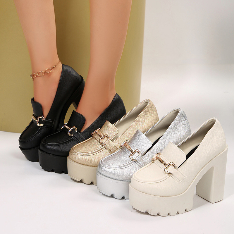 Cross-Border British Style High-Heeled Shoes Large Size 2025 Autum New Platform Thick Heel Metal Chain Deep Mouth Shoes for Women