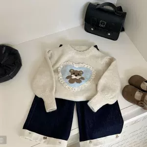 Осенние демисезонные милые шерстяные джинсовые штаны комплект с медвежатами