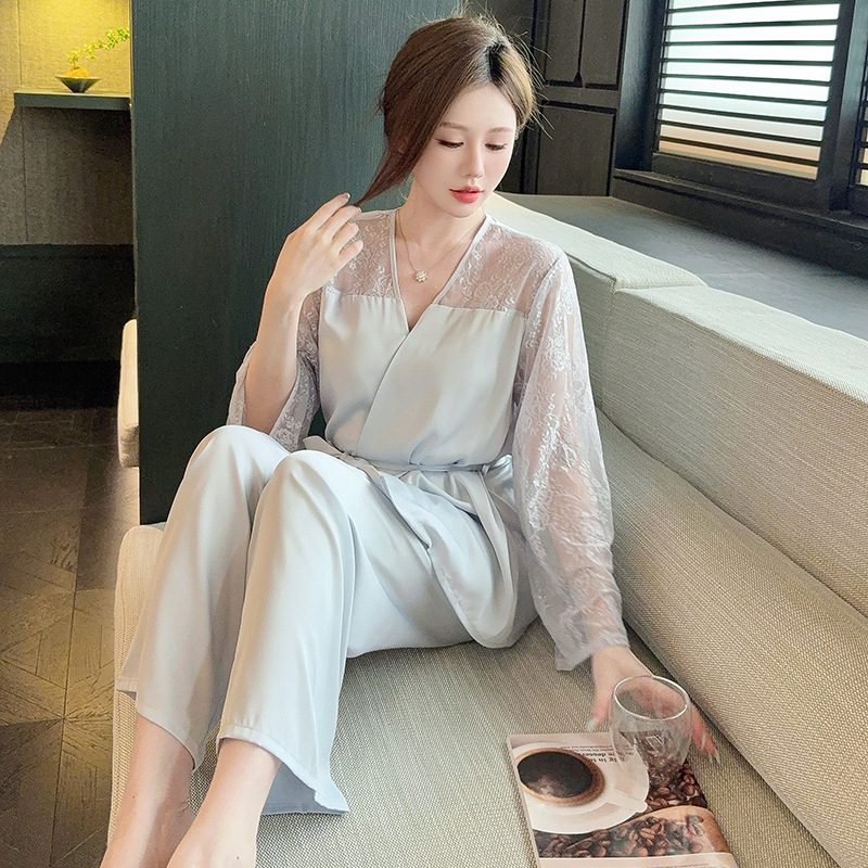New Summer Lace Long Sleeve Coat Trousers Two-Piece Set Home Clothes Long Sleeve Trousers Soft Plaid Breathable Pajamas New Summer Lace Long Sleeve Coat Trousers Two-Piece Set Home Clothes Long Sleeve Trousers Soft Plaid Breathable Pajamas
