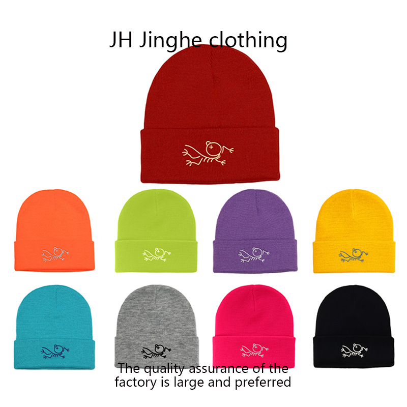 热卖个性针织帽卡通刺绣小鸟套头帽秋冬女学生毛线帽保暖彩色跨境