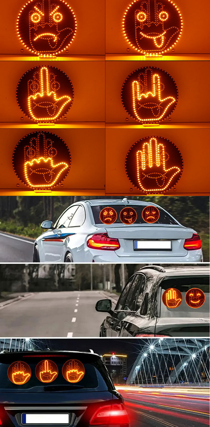 Car Fun Expression Smiley Face Light Car Gesture Light Rear Side Window Multi-Function Anti-Rear Collision Reminder Warning Palm Light