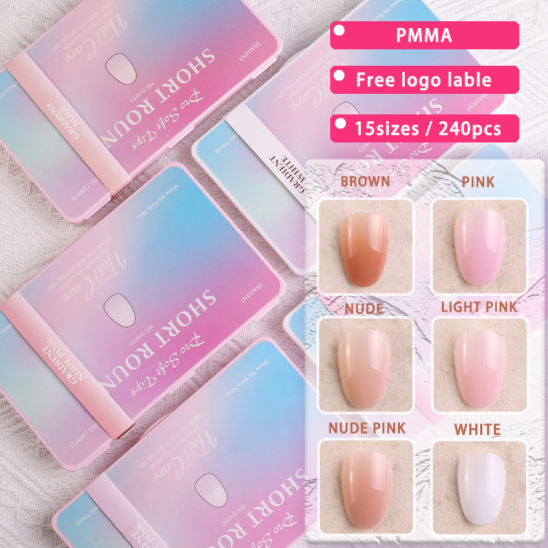 Armadura de almendra corta degradada 240 piezas de manicura en caja, alta permeabilidad, alta elasticidad, sin amarilleamiento, uñas postizas de alta gama