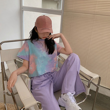 李小璐扎染短袖T恤春夏装2022年新款宽松复古原宿风短款打底上衣