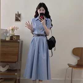 大码法式蓝色条纹衬衫连衣裙夏季胖MM文艺复古POLO领显瘦收腰长裙