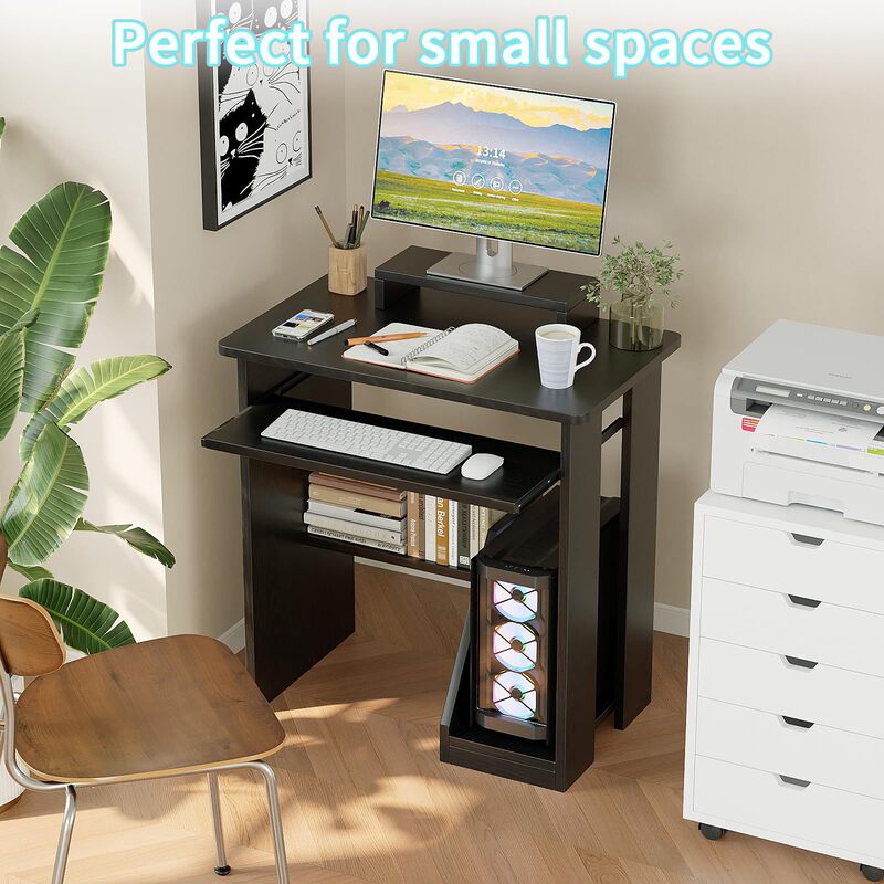 Small Office Computer Desk with Keyboard Tray and Monitor Stand, Study Desk with Storage Shelf