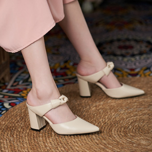 YB-12 thick heel half drag new small size 313233 pointed high heels large size women's shoes with fat feet 41 4243