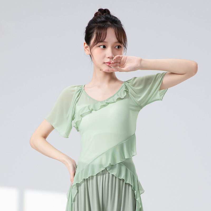 女性用の新しいクラシックダンス服、フリル半袖弾性メッシュトップ、中国モダンダンスボディリズム練習服|undefined