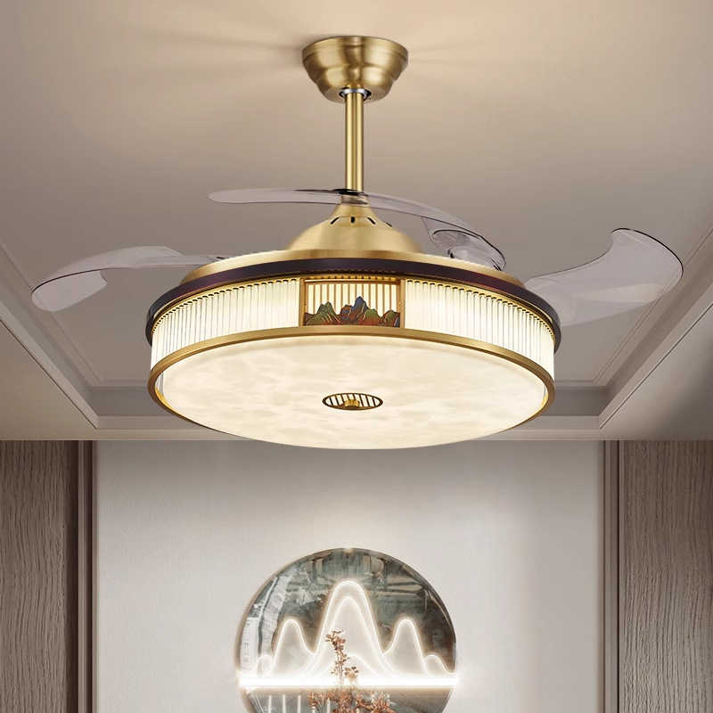 New Chinese Fan Chandelier Chinese Zen Style Living Room Simple Modern Copper Bedroom Invisible Dining Room Hanging Fan Lamp