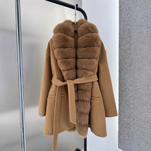 欧美跨境名媛风双面羊绒大衣超大狐狸毛领系带收腰中长款外套女
