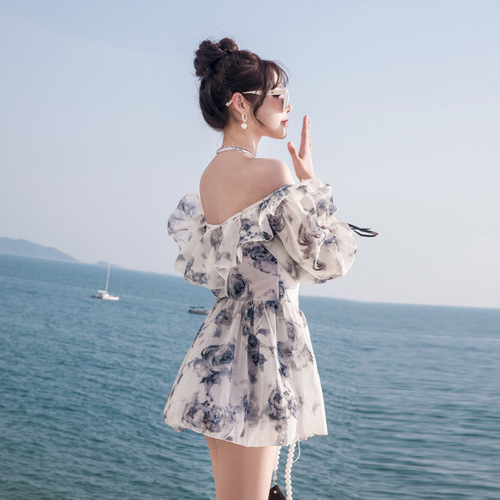 2024 New Fairy Swimsuit Women's One-piece Boxer-angle Conservative Slim Belly Covering Long Sleeve Korean Style Hot Spring Student Swimsuit