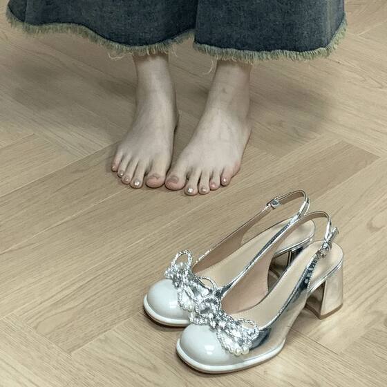 Pure desire bow beautiful silver Mary Jane high heels women's back empty chunky heel sandals 2023 summer new single-layer shoes