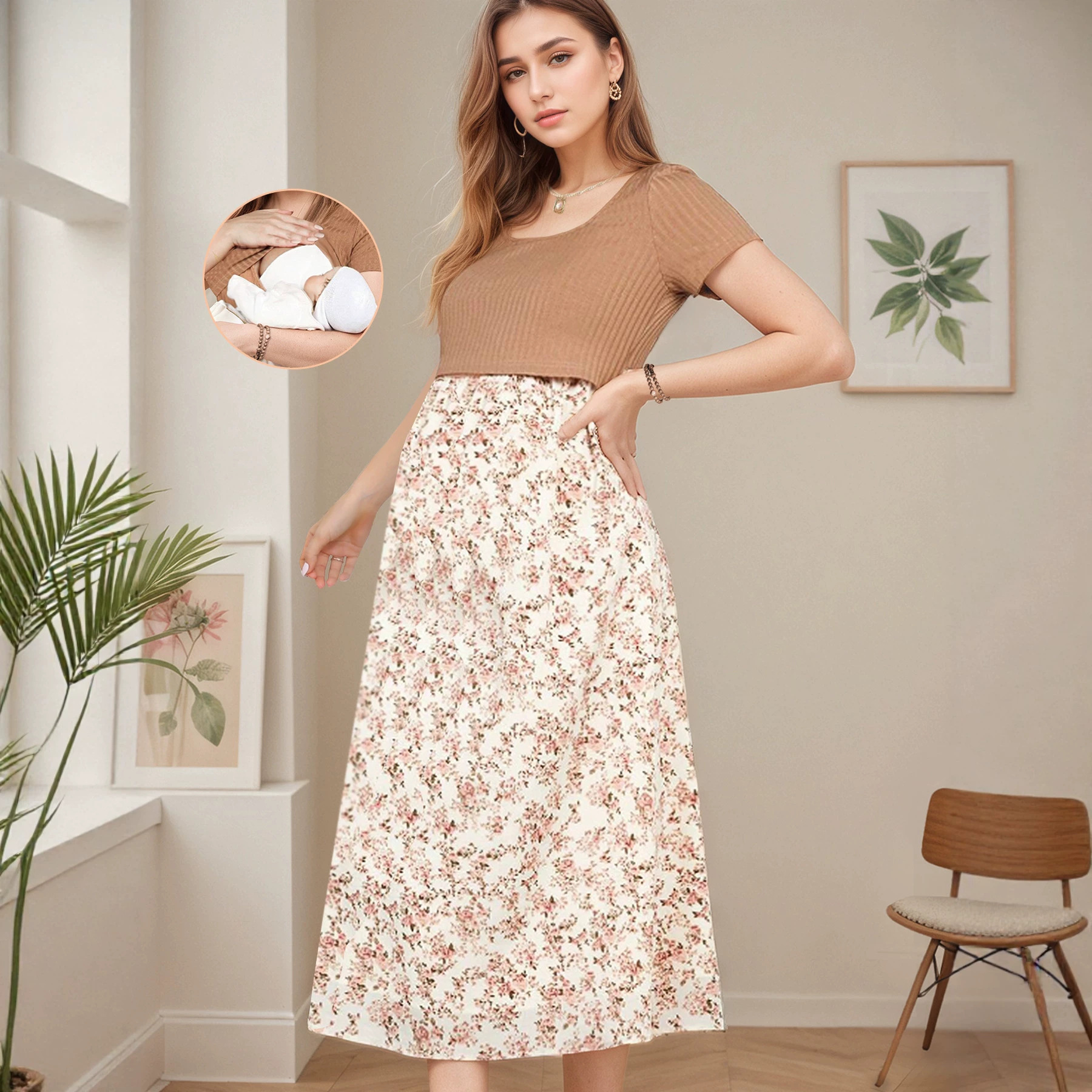 Two-Piece Style Maternity Nursing Dress with Ribbed Knit and Floral A-Line Skirt, Suitable for Both Pregnancy and Postpartum Nursing