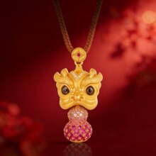 真金电镀新中式红宝石醒狮葫芦吊坠挂件编绳项链女长款沙金配饰