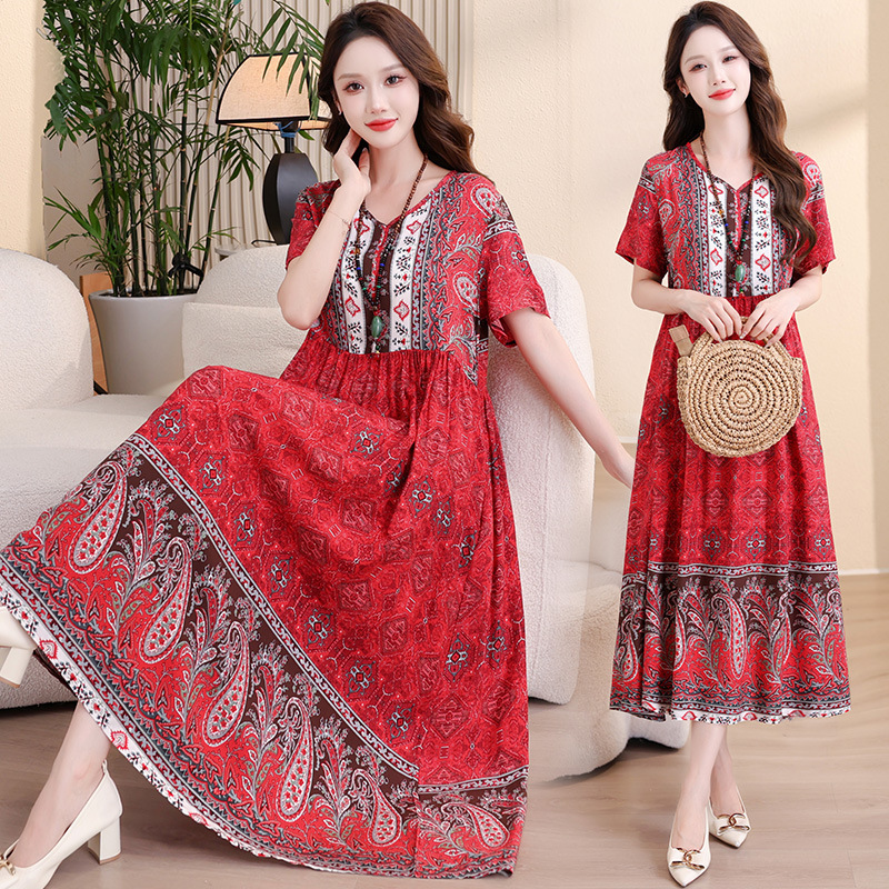 Floral Style Cotton Silk Dress Summer New Loose Slimming Middle-Aged and Elderly Mothers Large Swing Skirt Elegant Long Skirt for Women Floral Style Cotton Silk Dress Summer New Loose Slimming Middle-Aged and Elderly Mothers Large Swing Skirt Elegant Long Skirt for Women