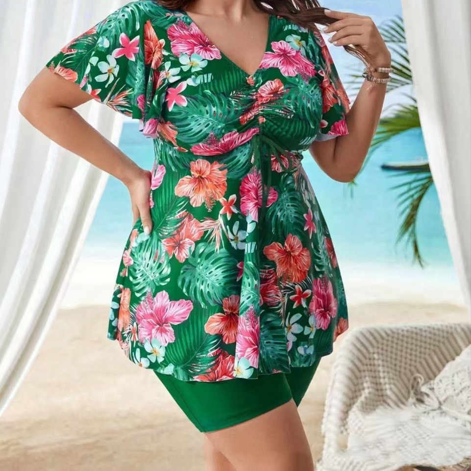 2025 New Amazon Cross-Border European and American Large Size Swimsuit Women's Printed V Neck Split Sexy Backless Swimsuit Suit