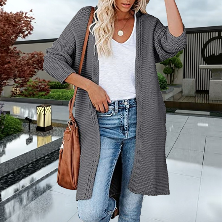 Damen-Strickjacke, lässiger einfarbiger Mantel, großer Pullovermantel_voghion.com