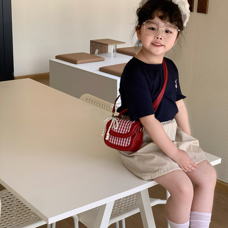 Bolso de hombro de niña a cuadros de moda coreana lindo bolso de bebé con lazo de perla mini bolso para niños de estilo occidental