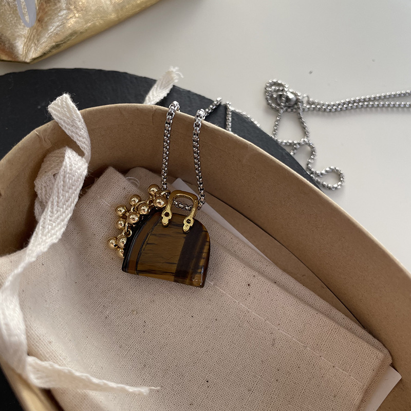 Geometric Pattern Vacation Classic Style Geometric Tiger Eye Titanium Steel Obsidian Cord String Pendant Necklaces Wholesale