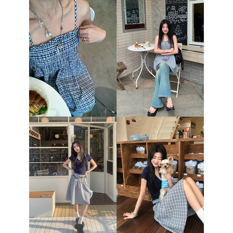 Joeyoo李乔优 西西弗斯 格子半身裙女夏季新款可两穿中长款吊带裙|undefined