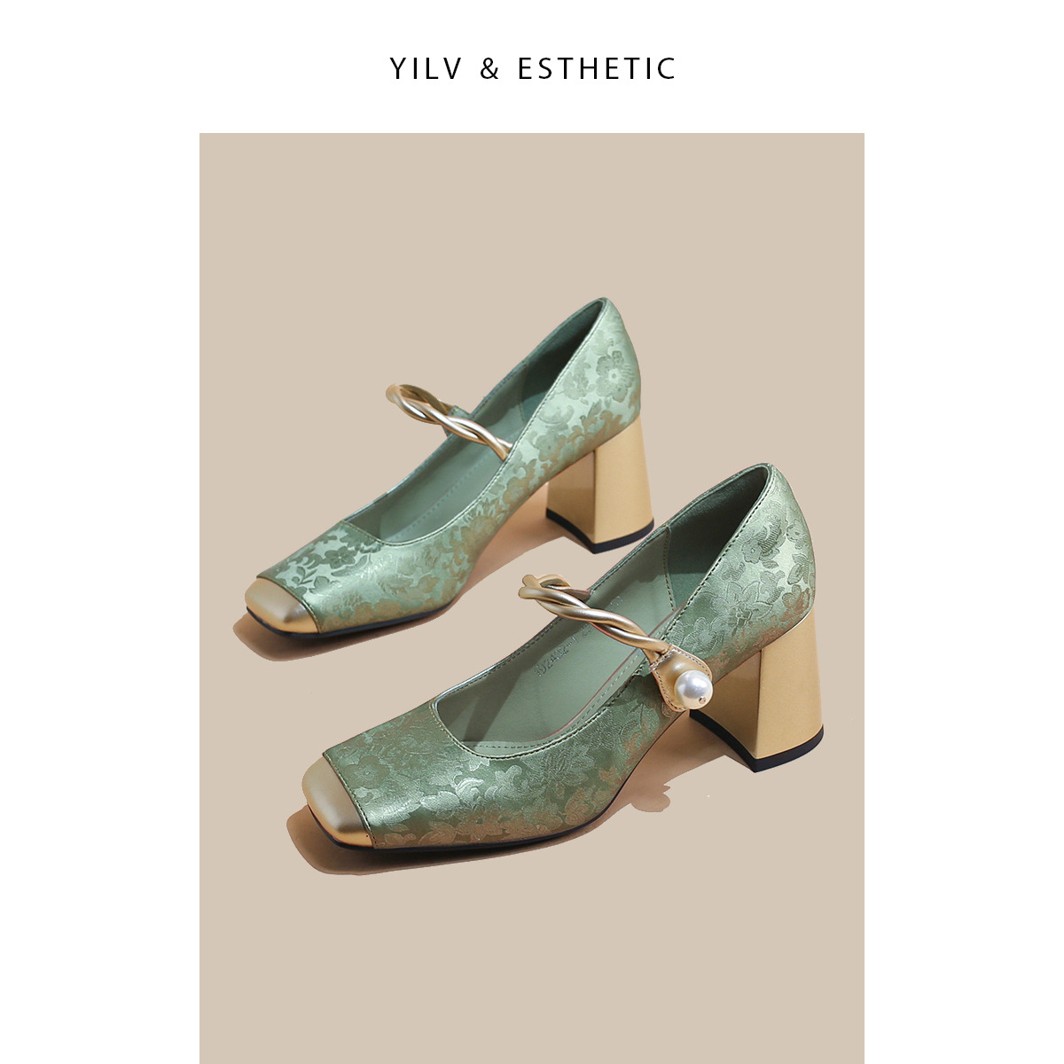 Guofeng nuevos zapatos Mary Jane de cabeza cuadrada de estilo chino para mujer de tacón grueso 2025 nuevo cinturón jacquard con zapatos de tacón alto cheongsam