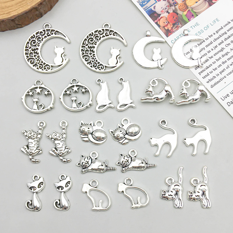 1 new retro antique silver alloy moon cat pendant accessories diy homemade accessories accessories materials