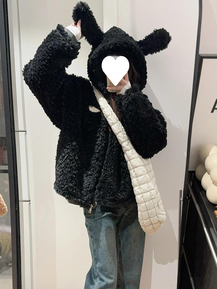 美式兔耳朵毛绒连帽皮草毛毛外套女冬季2025新款可爱宽松加厚上衣