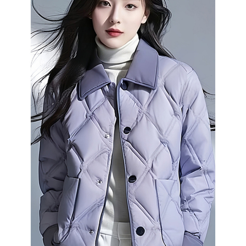 紫色翻领超好看菱格短款外套棉服女年新款冬季洋气小棉袄外套|undefined
