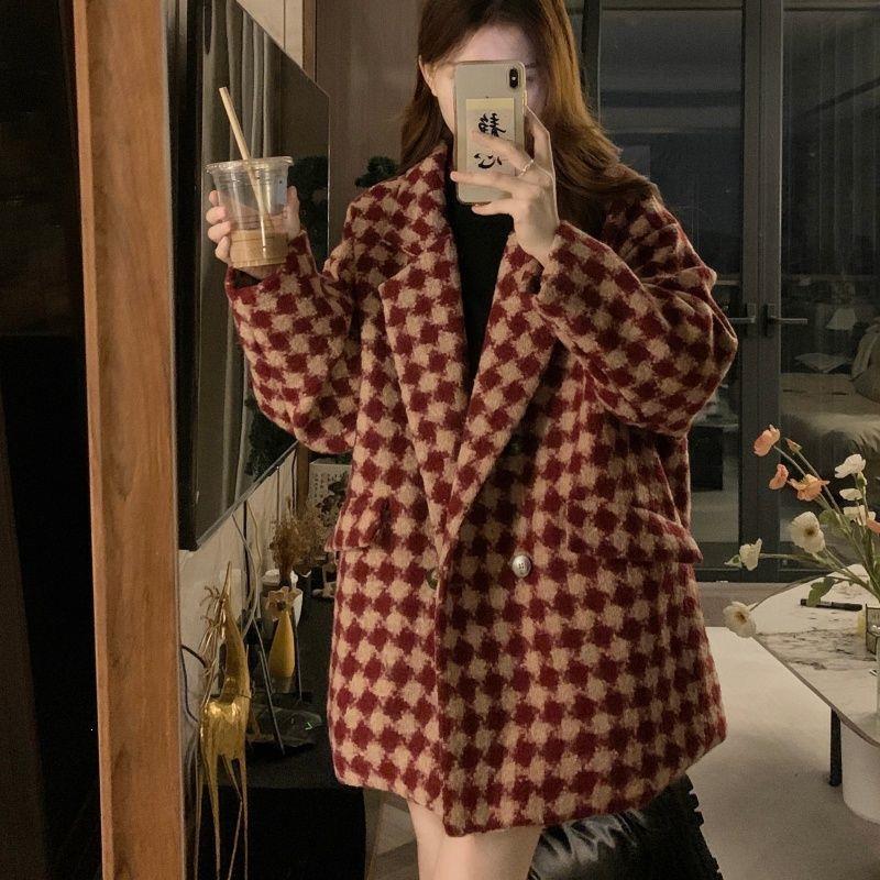 Korean-style loose plaid woolen long-sleeve coat for women, thickened, new spring/summer model, petite-sized trendy overcoat