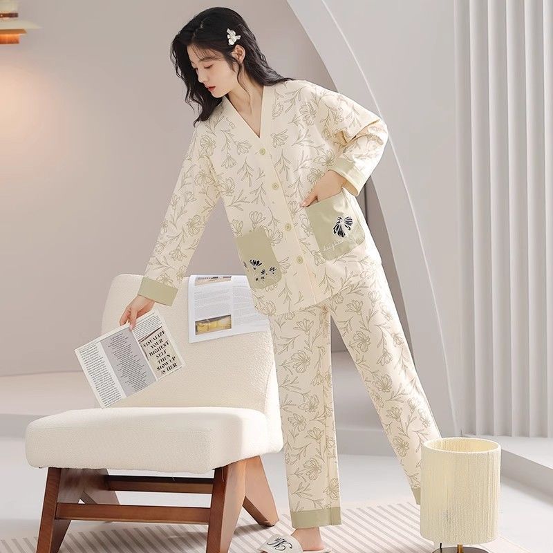 가을 겨울 면 7부 편안한 여성용 파자마 봄 가을 신상품 카디건 긴팔 바지 고급 한국식 홈웨어 아우터용