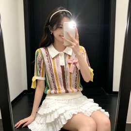 多巴胺风撞色条纹polo领短袖针织衫女蝴蝶结减龄套头毛衣2026夏季