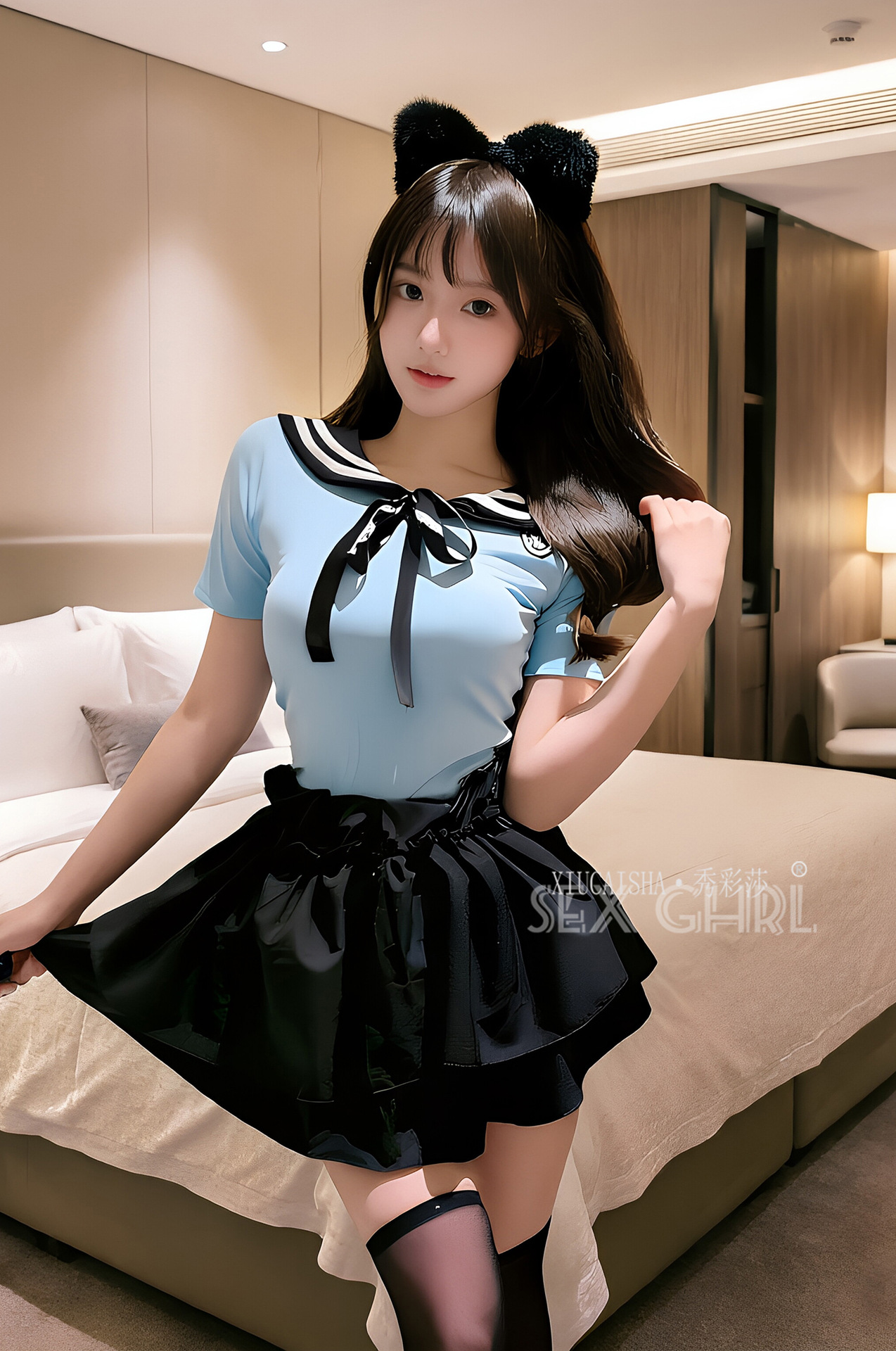 College-Style JK Uniform Lingerie Set with Short-Sleeve Top, Skirt, Stockings and Headpiece — detail image 6