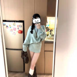 韩系魅力女神款套装秋冬季纯欲露肩长袖针织衫辣妹高腰短裤两件套