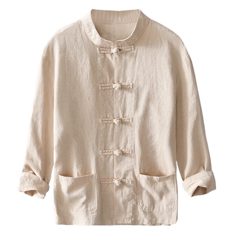 Nacional de moda collar de pie de algodón y lino casual Camisa de manga larga de los hombres de estilo chino hebilla retro más tamaño ramio camisa de lino suelta