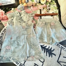 女童夏季新款两件套装韩系时尚新中式旗袍连衣裙爆款短裤洋气代发