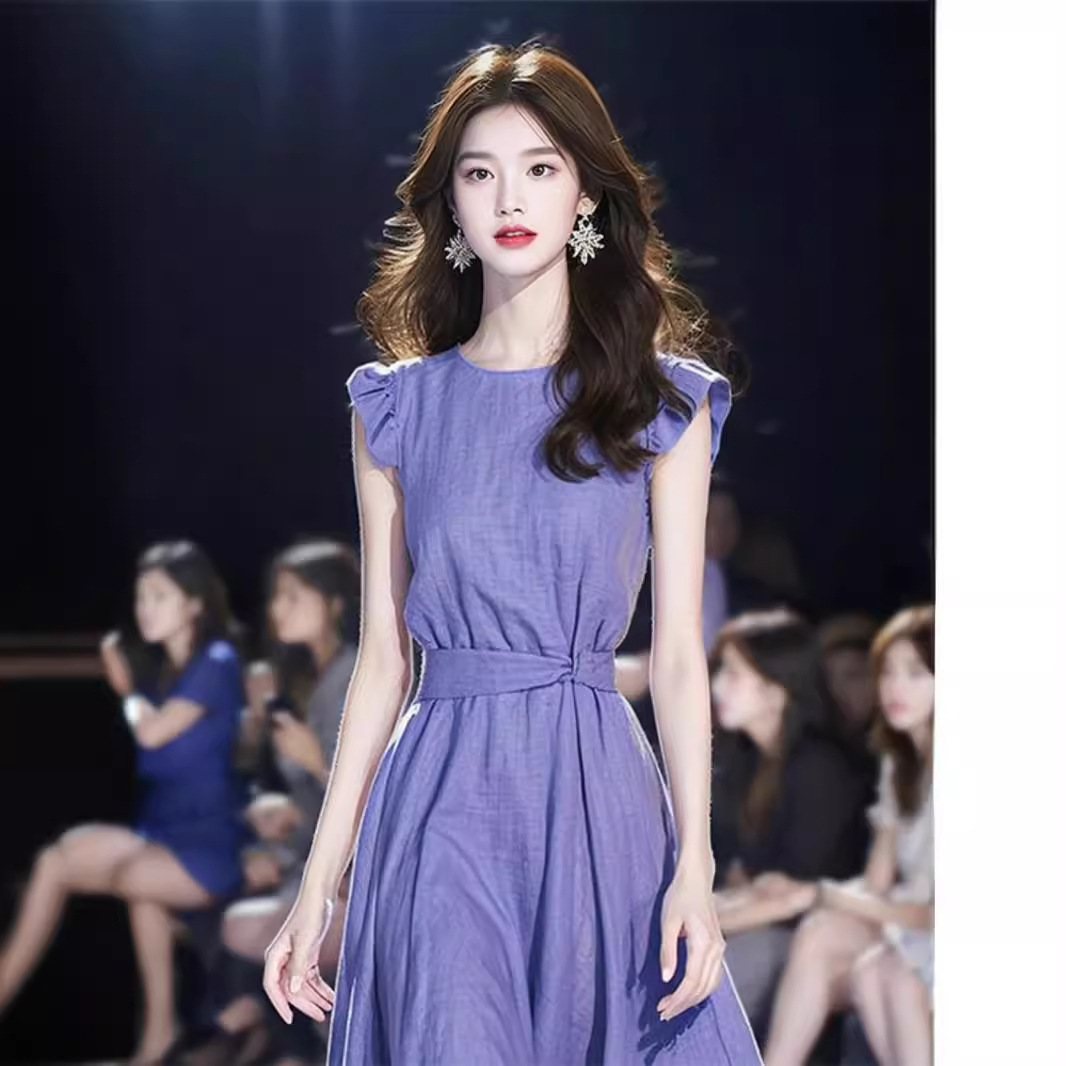 Đầm chữ A thắt eo dáng suông midi phong cách Pháp mùa hè — Màu tím